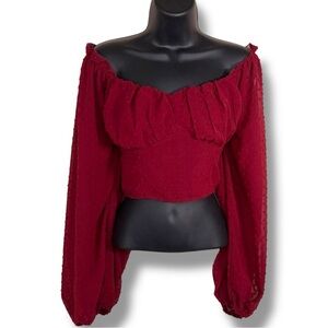 Large Burgundy Red Peasant Crop Top Long Sleeve Sweetheart Neckline